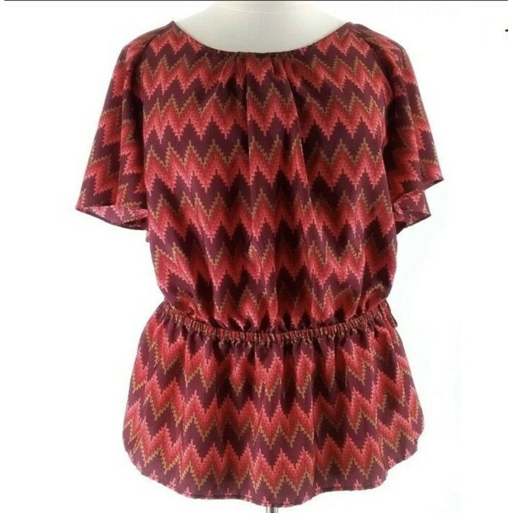Beverly Drive Top 20 22W Burgundy Red Tan Chevron Elastic Waist Bow Blouse
